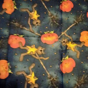 Halloween Material Pumpkin Cat Witches Broom Fabric Remnant Craft Quilt 30x13 in